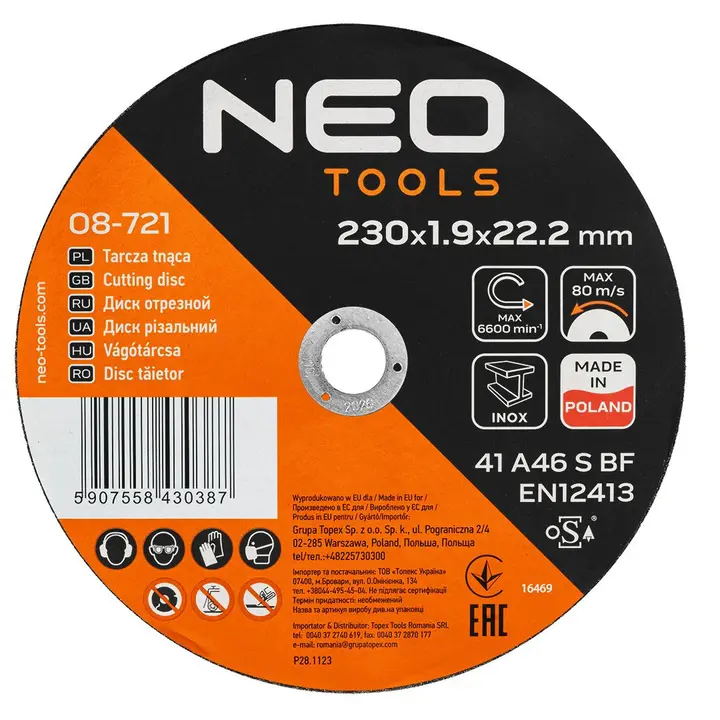 Metal/INOX kesme diskleri 230 x 1,9 x 22,2 mm, 41 A46-S-BF, 25 adet, karton kutu. Polonya üretimi