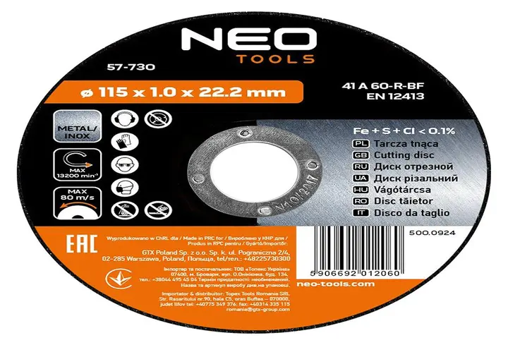 Metal kesme diski 115 x 1,0 x 22,2 mm, 41 A60-R-BF, INOX, 10 adet