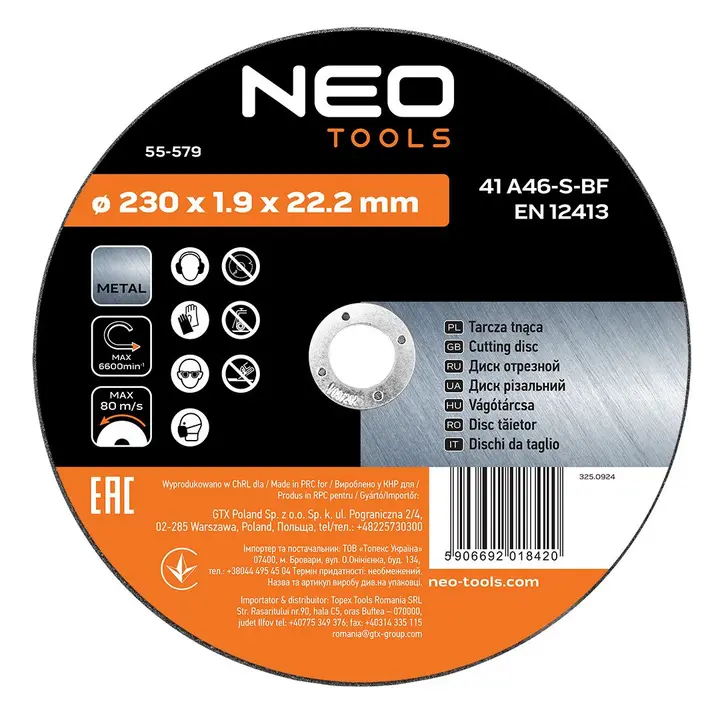 Metal kesme diskleri 230 x 1,9 x 22,2 mm, 41 A46-S-BF, 5 adet, film ambalaj