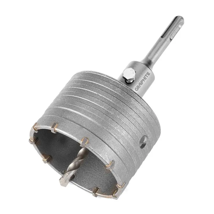 Karbür uçlu delik açma testeresi 85 mm, SDS+ adaptörlü ve kılavuz matkap uçlu