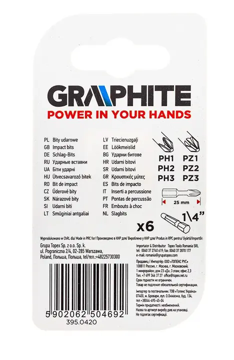 Darbeli tornavida ucu PH1/2/3, PZ1/2/3 x 25 mm, 6 adet