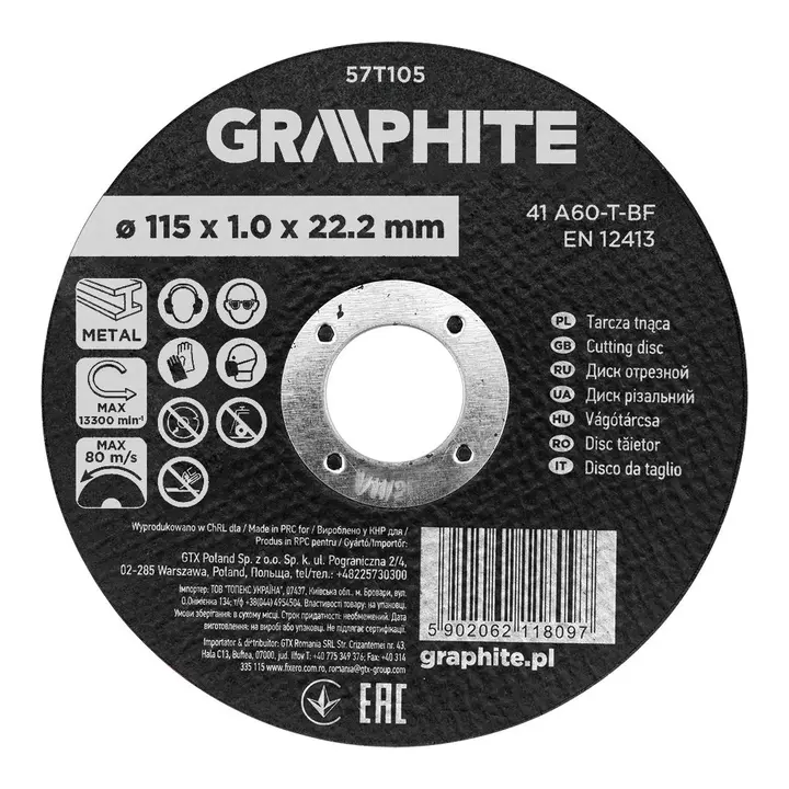 Kesme diski, alüminyum oksit, metal için 115 x 1.0 x 22.2 mm, 41 A60-T-BF
