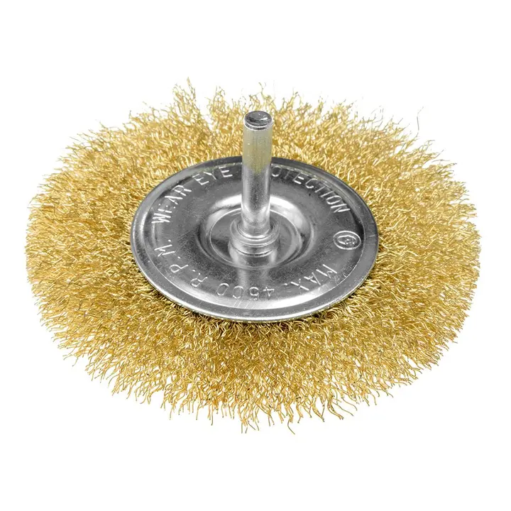 Tel çark fırça 100 mm, kıvrımlı tel, pirinç kaplı, 6 mm saplı