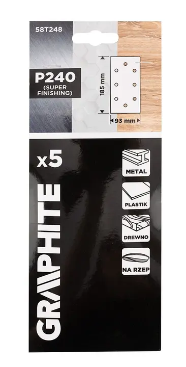 Zımpara kağıdı, cırt bantlı 93 x 185 mm, P240, 5 adet, 8 delikli