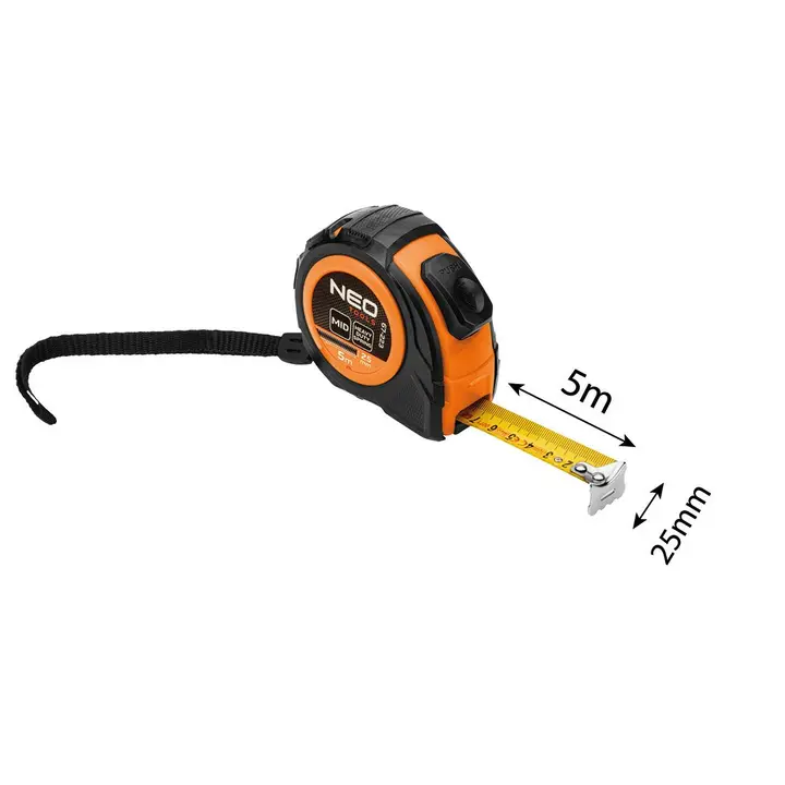 Geri sarılabilir çelik şerit metre 5 m x 25 mm, otomatik kilitli, iki durdurma düğmeli