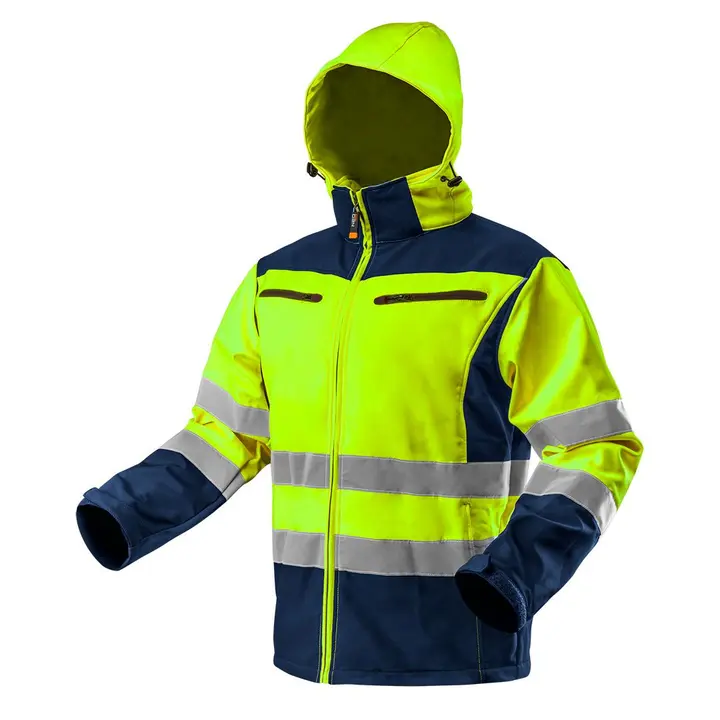 Yüksek görünürlüklü iş ceketi, kapüşonlu softshell, sarı